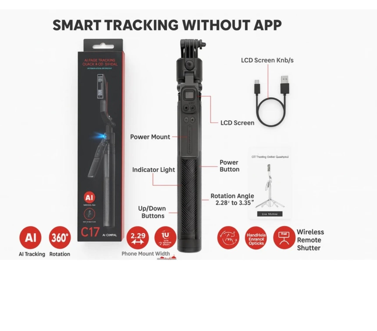 C17 Al Face Tracking Gimbal Selfie Stick Tripod with Wireless Remote Single Gimbal for Mobile